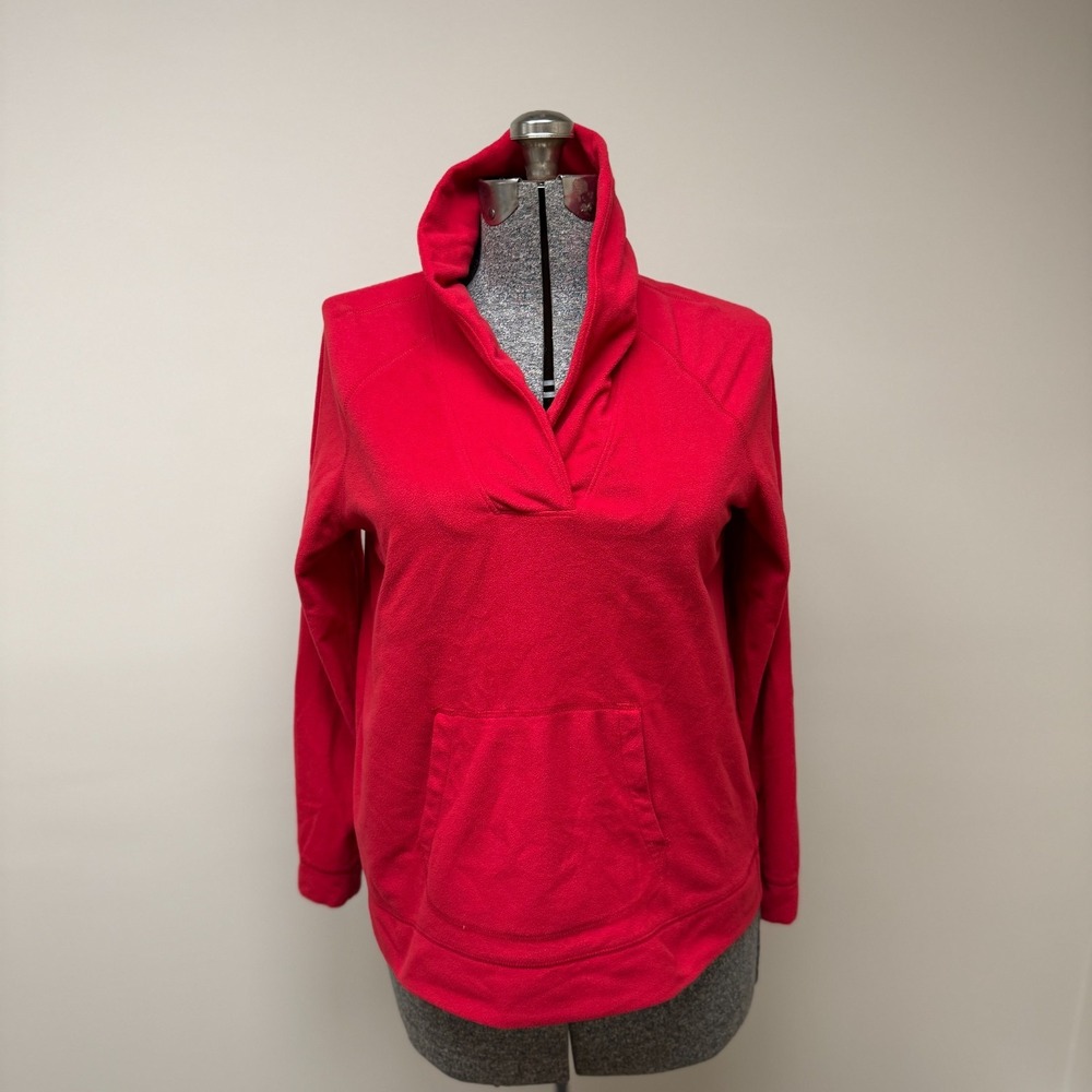 L.L. Bean Fleece Sweatshirt Women Large Red Shawl Neck Pullover Kangaroo Pockets